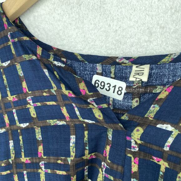 VIRABEL Blouse 3X Plus Peasant Top Check Shirred Split Neck Short Sleeve Blue - Picture 11 of 11